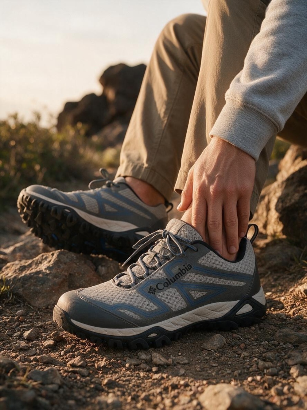 Columbia Men's Gray and Blue Trail Running Shoes size 8.5. SKU 182